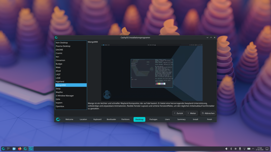 Das CachyOS-Installationsprogramm zeigt eine Liste von Desktop-Umgebungen, MangoWM ist ausgewählt.