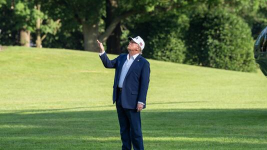 Donald Trump schaut auf einer grünen Wiese in die Luft