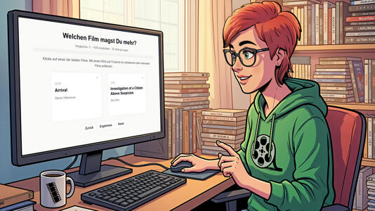 Eine Person sitzt vor einem Computer und vergleicht Filme auf dem Bildschirm.