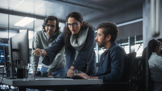 Szene in einem Büro ohne kräftige Farben: 3 Brillenträger, möglicherweise Inder, haben sich an einem Schreibtisch mit Computermonitor versammelt; die Frau (in der Mitte) zeigt auf den Bildschirm