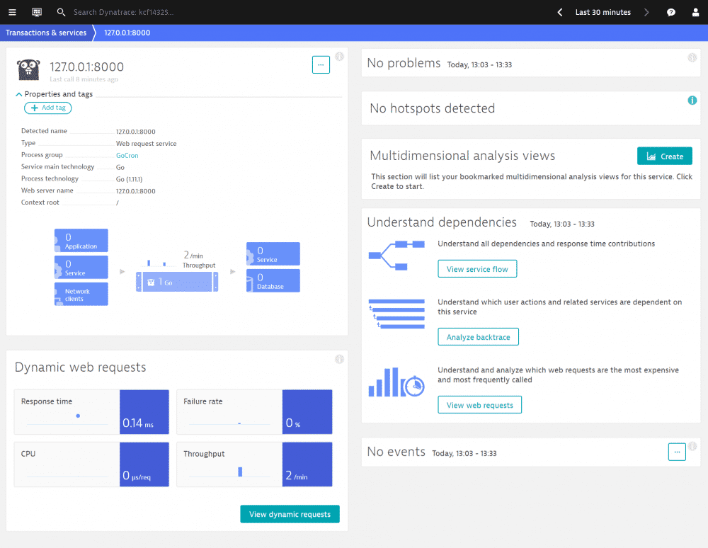 Dynatrace erkennt GoCron als Go-Prozess und startet das Monitoring automatisch.