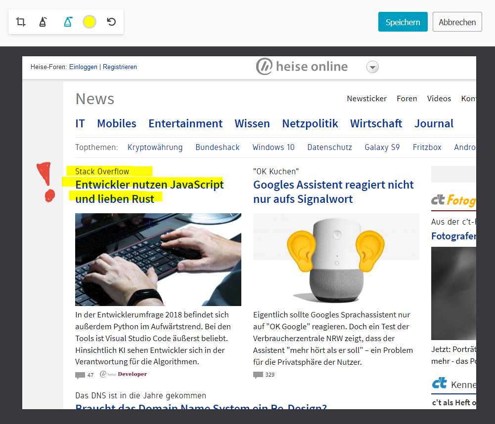 "Firefox Screenshots" erzeugt Bildschirmfotos direkt im Browser. Neuerdings lassen sich die Bilder auch bemalen und mit Notizen versehen.
