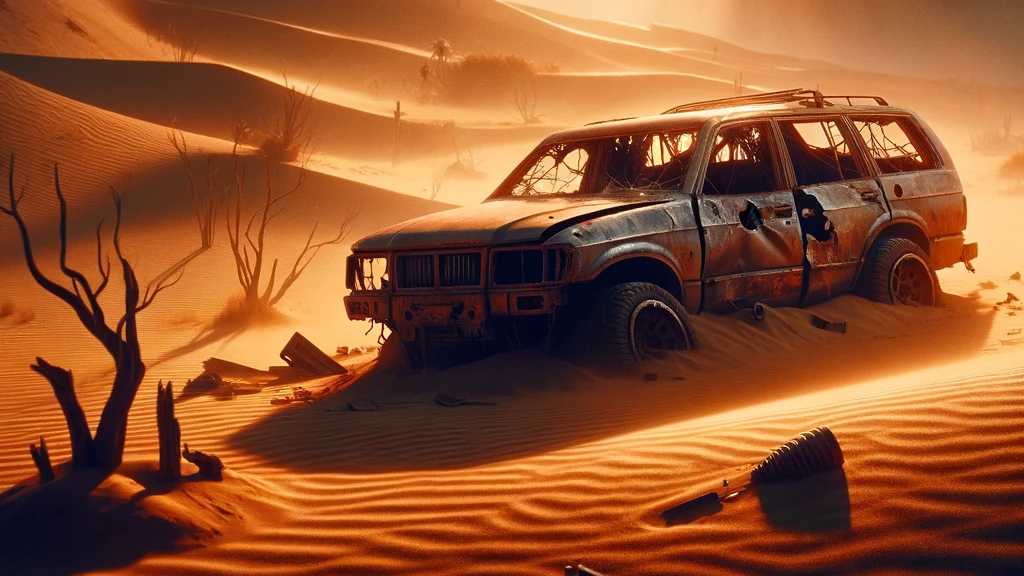Autowrack in dystopischer Wüstenlandschaft