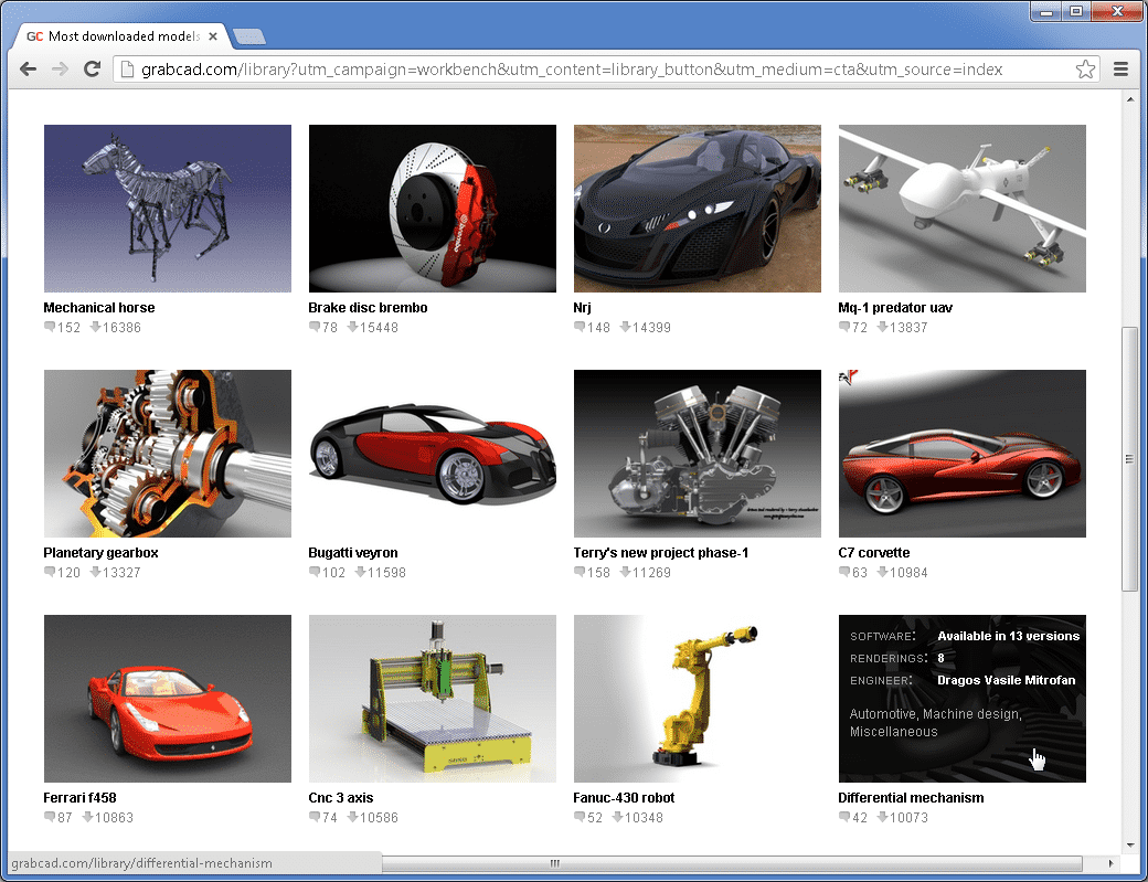 Die &quot;Free 3D CAD library&quot; von GrabCAD versammelt nach eigenen Angaben über 200.000 CAD-Dateien in verschiedenen Formaten, die man nach Anmeldung kostenlos herunterladen kann.