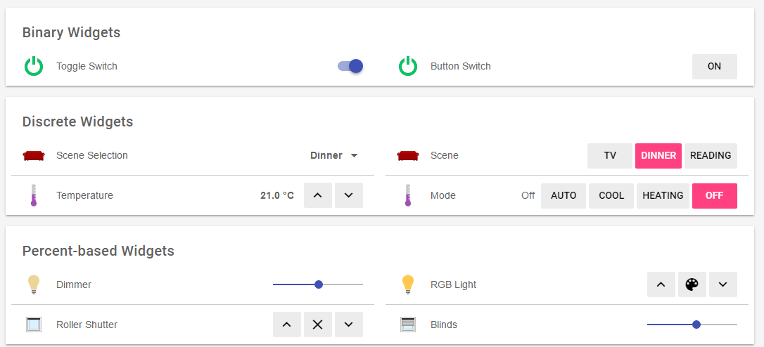 Der Demoserver zeigt unter anderem verschiedene Widgets zum Steuern an.