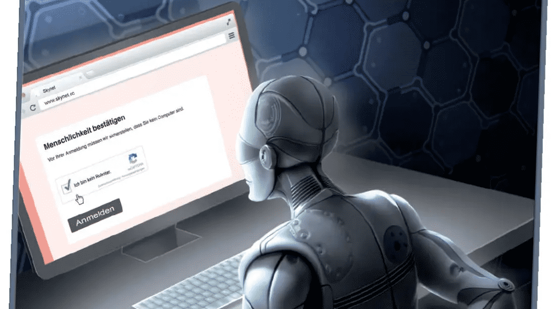 Ein Roboter sitzt am Computer und löst ein Captcha um seine "Menschlichkeit" zu beweisen 