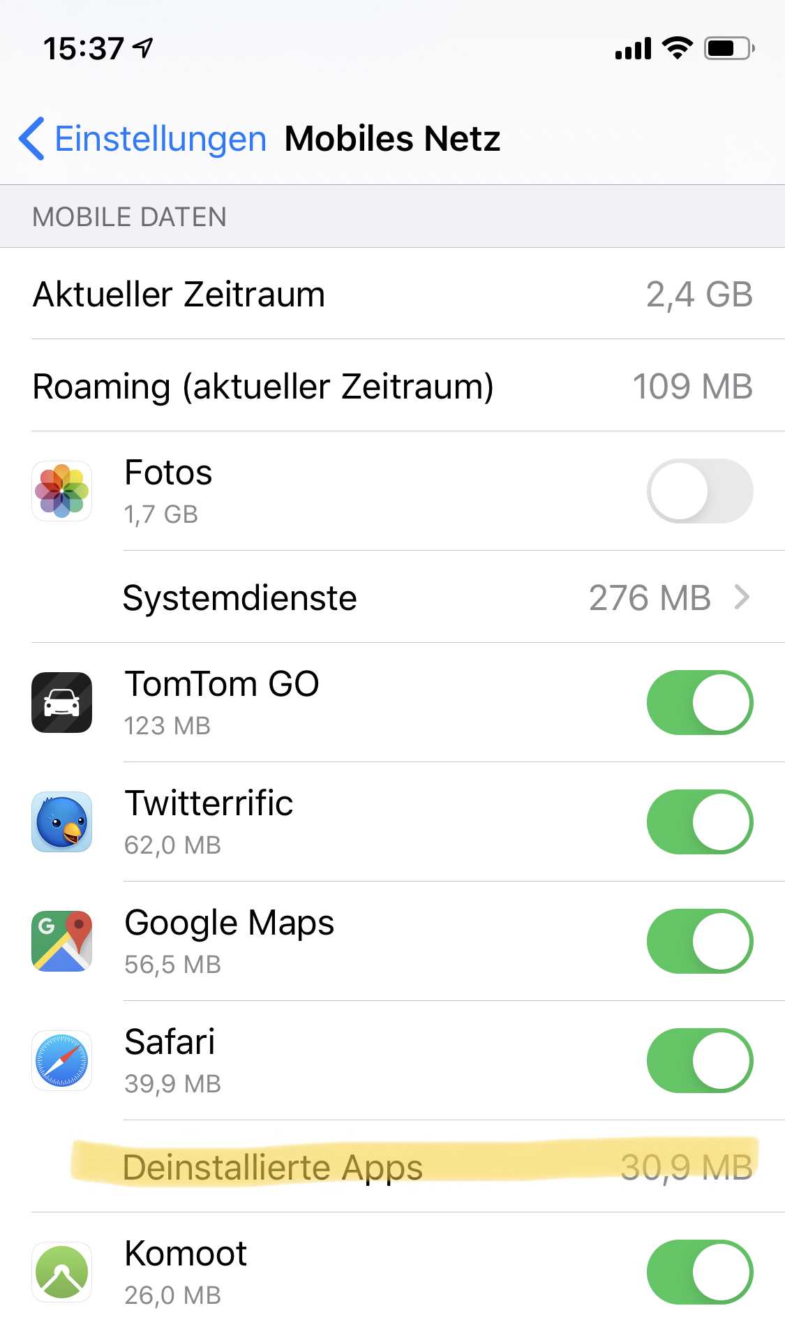 Den Datenverbrauch der Home-Fernsteuerung verbucht iOS 13 unter "Deinstallierte Apps". Bei manchen Nutzern fällt er auffällig hoch aus.