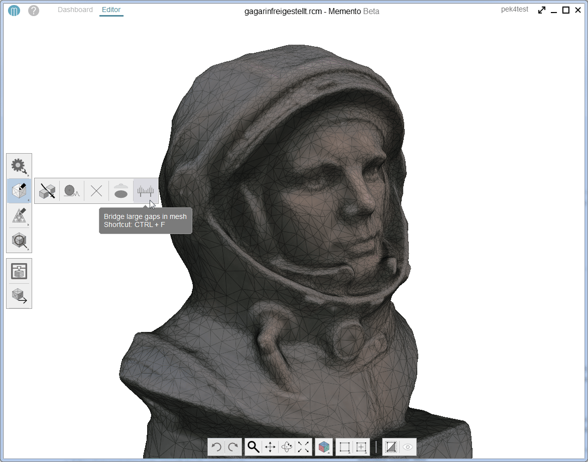 Ein photogrammetrischer Scan der Gagarin-Büste vor dem Europäischen Astronautenzentrum in Köln, zur Bearbeitung in Memento geöffnet.