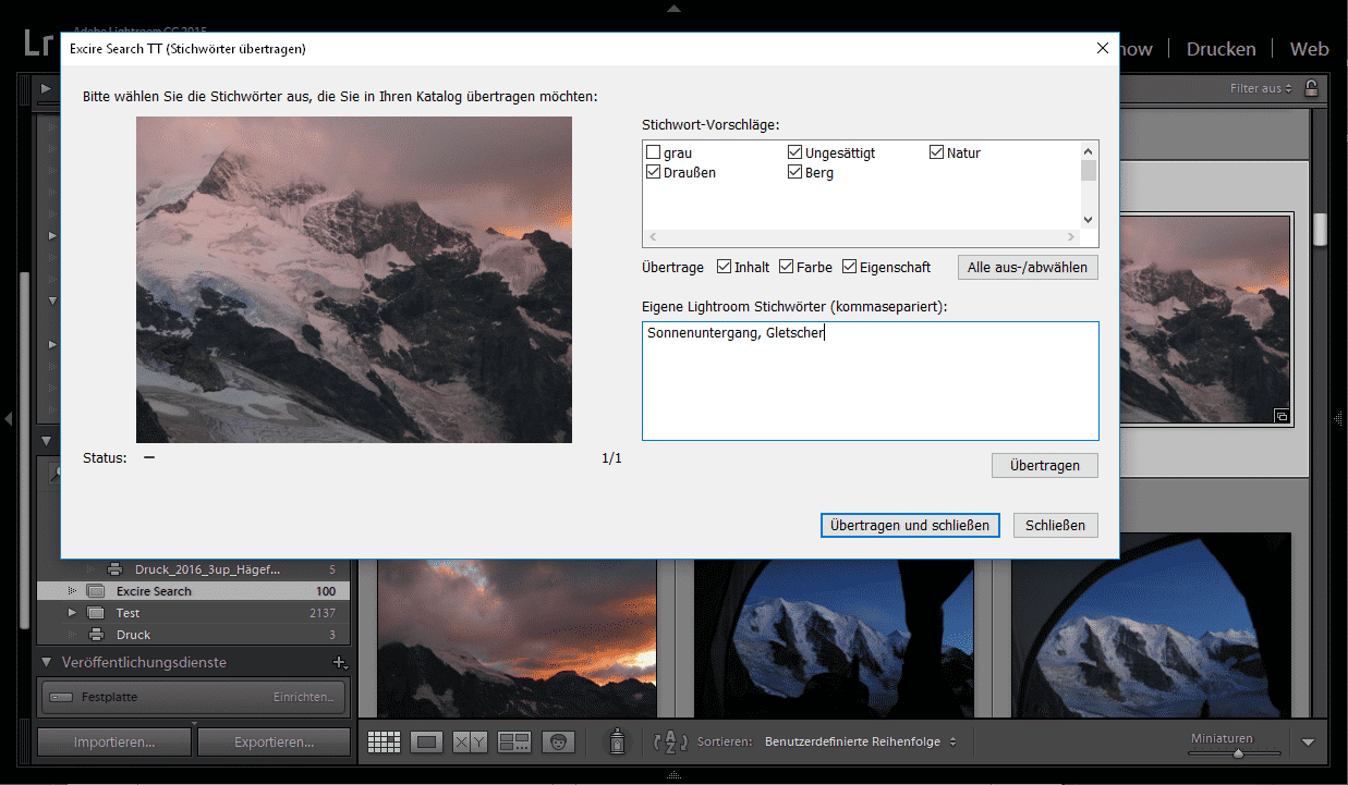 Excire TT überträgt automatisch ermittelte Stichwörter in die Lightroom-Datenbank.