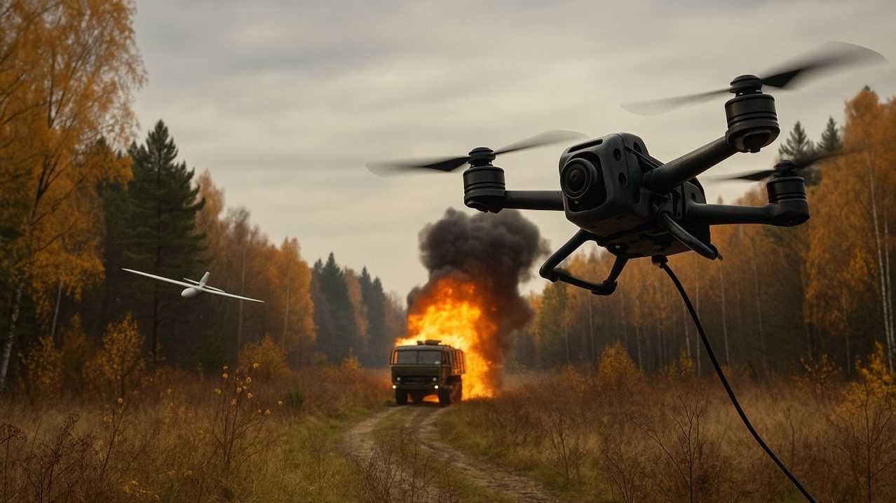 Ki-generierte Grafik zeigt eine Drohne im Vordergrund mit einer sichtbaren Schnur, eine weitere, kleinere Drohne im Hintergrund und dahinter einen Militär-LKW, der Feuer gefangen hat. 