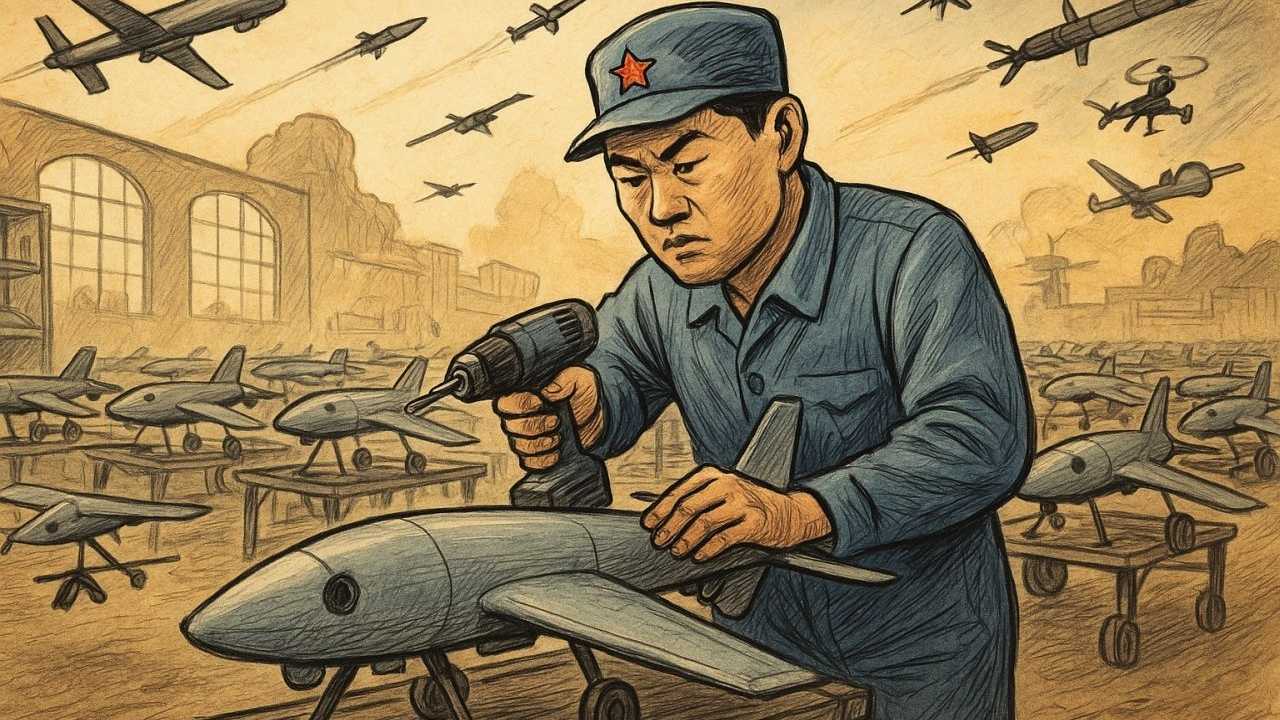 KI-generiertes Bild zeigt einen gezeichneten Arbeiter in nordkoreanischer Uniform, der eine Drohne herstellt