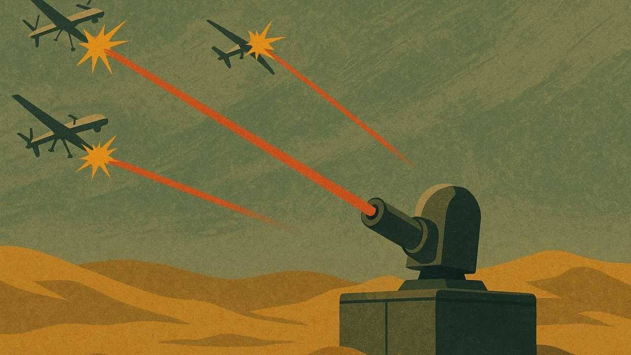 Eine KI-generierte Grafik zeigt ein Laserabwehrsystem in einer Wüstenlandschaft, das rote Strahlen auf drei Drohnen abfeuert, die in Explosionen zerbersten.