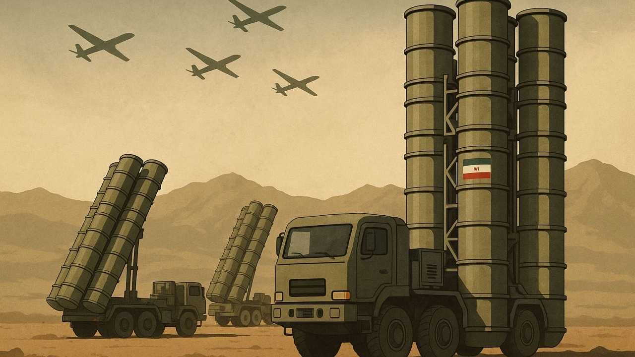 KI-generierte Grafik zeigt ein iranisches Luftabwehrsystem auf zwei LKW, Berge im Hintergrund und Flugzeuge im Himmel