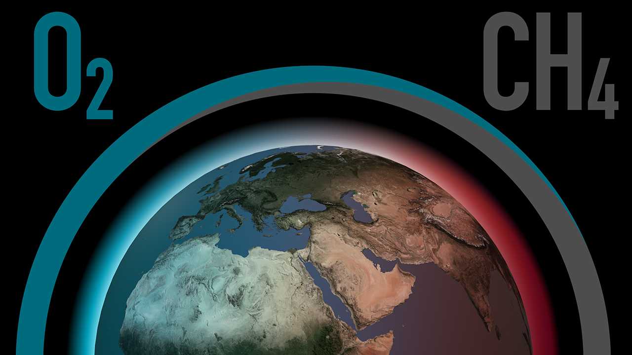 Erdkugel mit Atmosphäre die von Blau zu Rot übergeht. Text: O2 und CH$