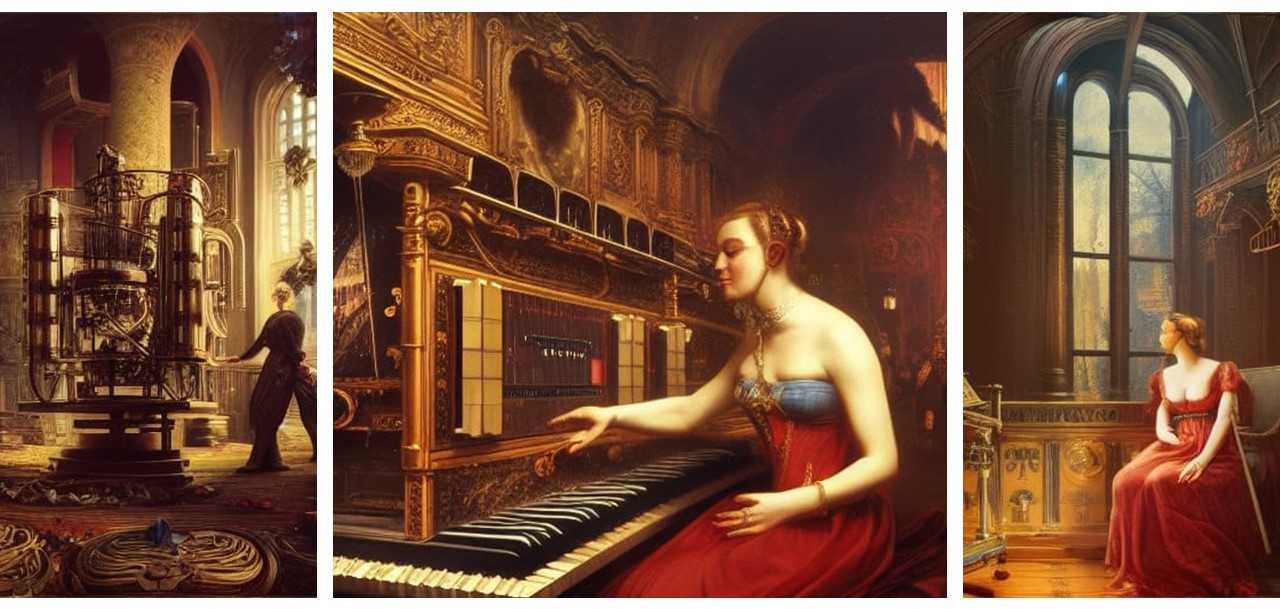 &quot;Machine imagines music. German romantic period, oil painting on canvas. The genius of Richard Wagner watching the scene.&quot; Textprompt von Silke Hahn, erstellt mit Stable Diffusion