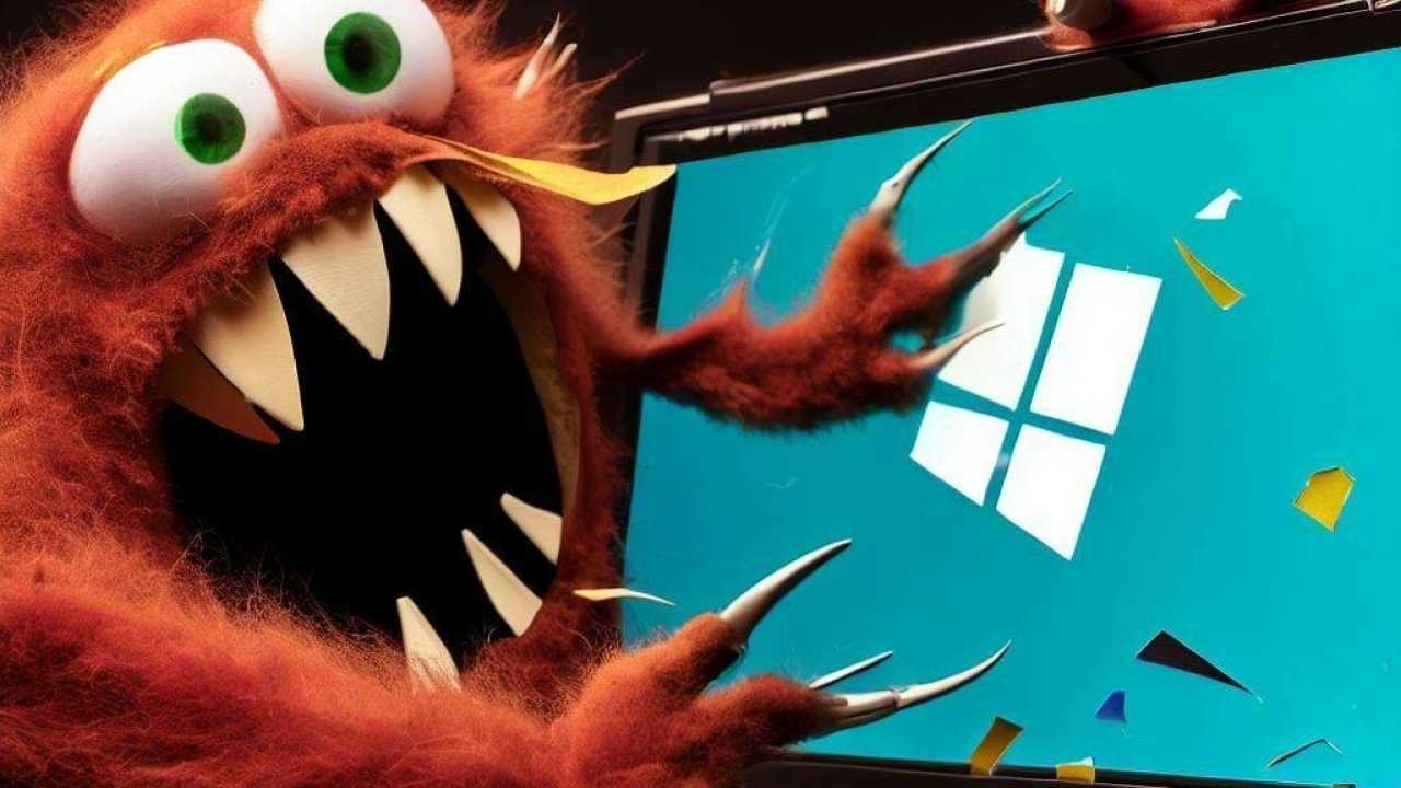 Ein felliges Monster mit spitzen Zähne regt sich vor einem Windows-Logo auf