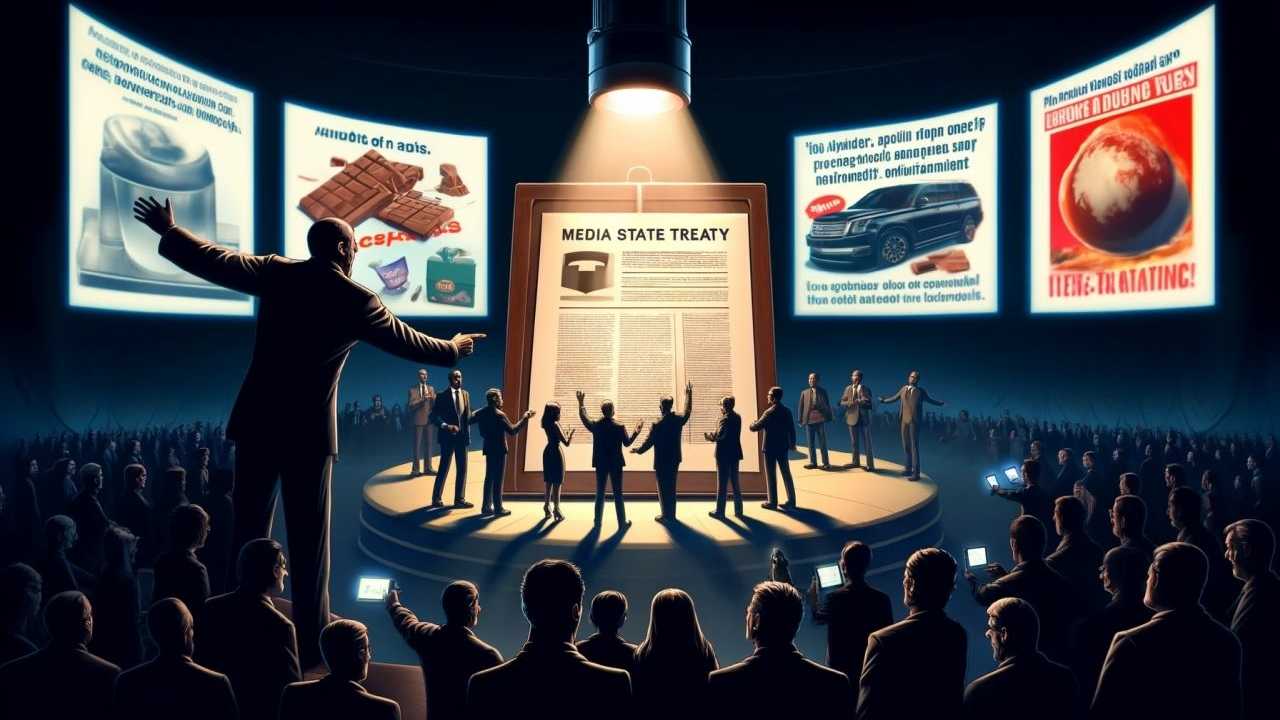 Eine von Künstlicher Intelligenz hergestellte Illustration zeigt den Konflikt ziwschen den Medienstaatsvertrag und den Werbeclips von Medien anhand von Figuren, die auf den Vertrag wie auf die Werbung deuten
