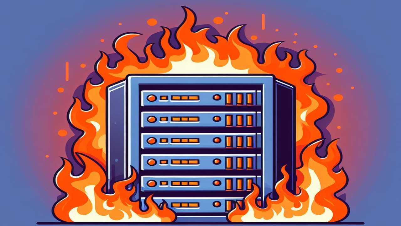 Stilisierte Grafik: ein brennender Server, Serverrack