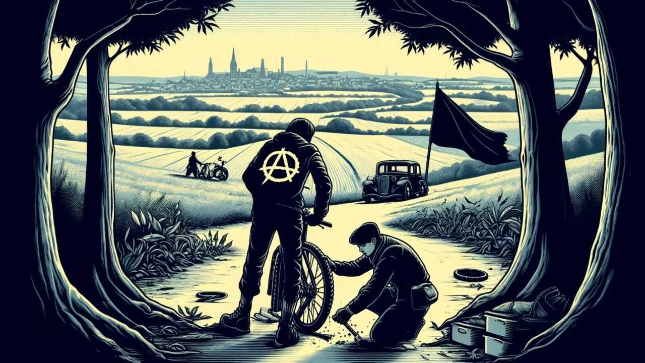 KI-generierte Illsutration zeigt zwei Männer, die ein Fahrrad reparieren, einer trägt einen Kapuzenpullover mit Anarchiesymbol, der andere eine Baskenmütze
