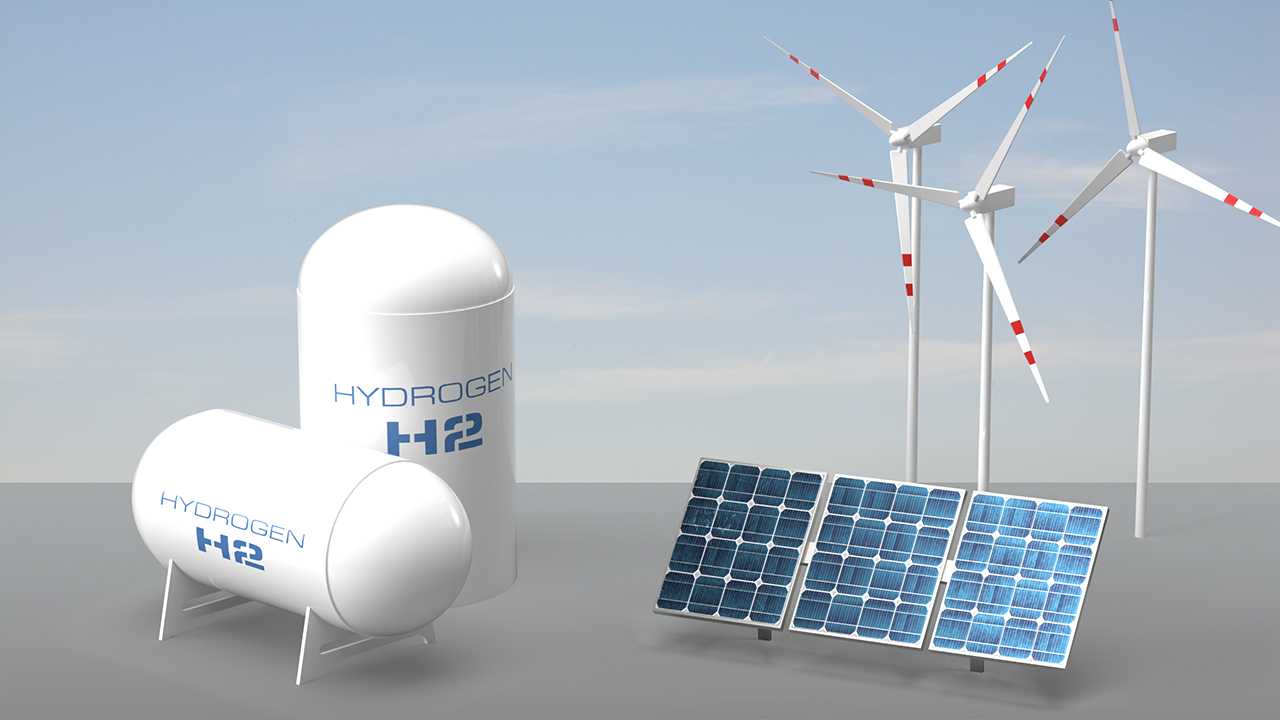 Symbolische Darstellung von grünem Wasserstoff und seinen Quellen: Solar- und Windenergie