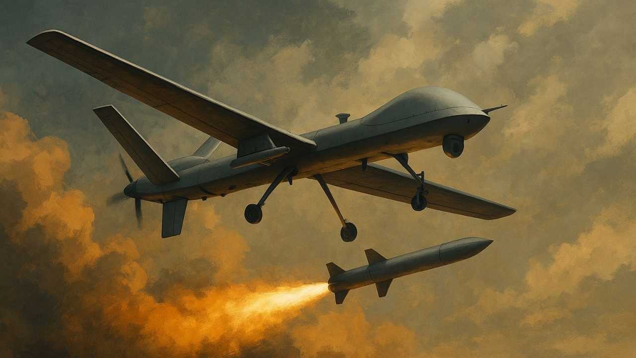 KI-generierte Illustration einer Drohne, darunter ein startender Marschflugkörper,