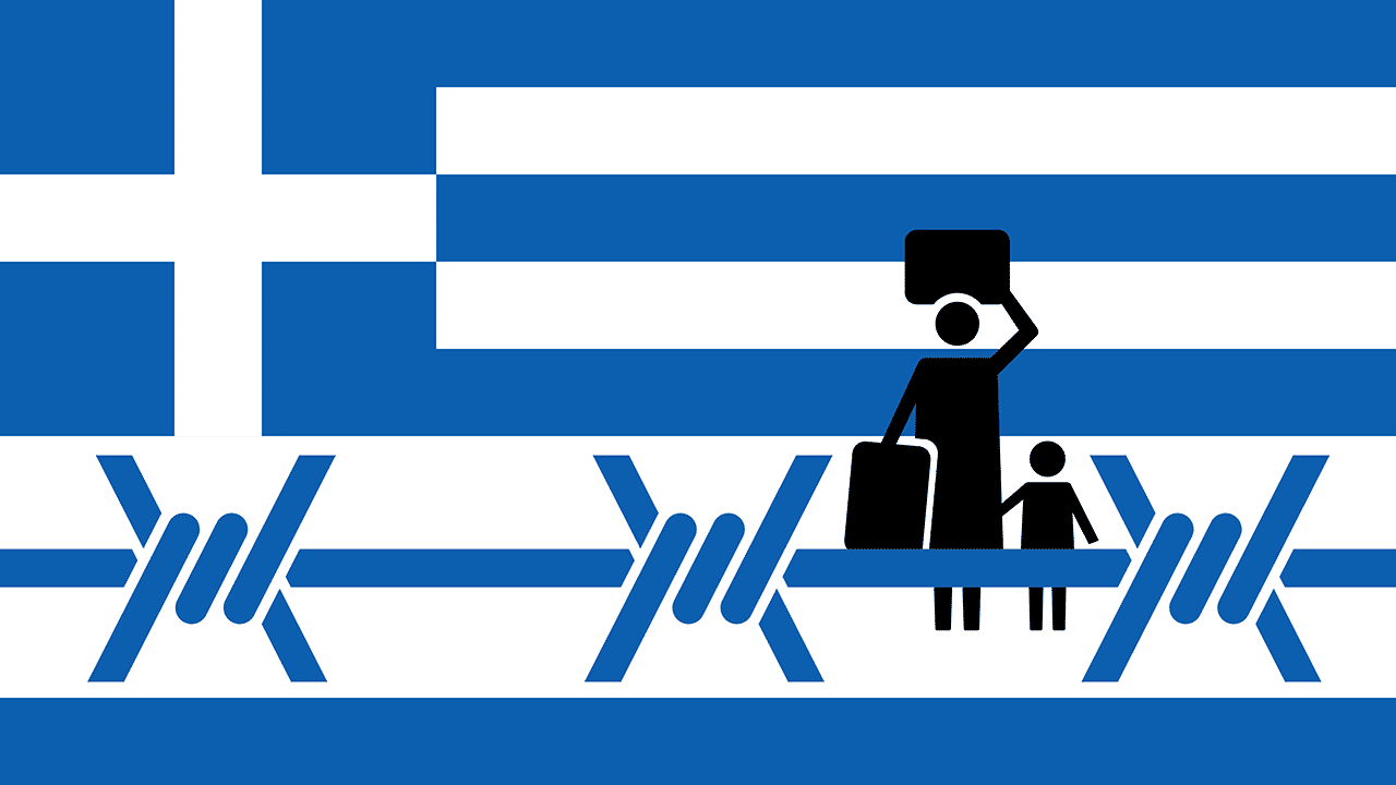 Griechische Flagge mit Migramten hinter Stacheldraht