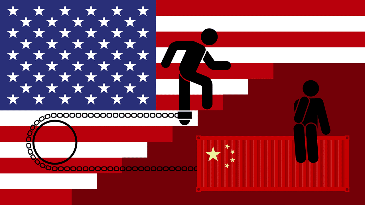 Vor US-Flagge steigt ein Mann die Treppe hoch, ist aber an eien chinesischen Container gekettet, auf dem abwartend eine Figur sitzt