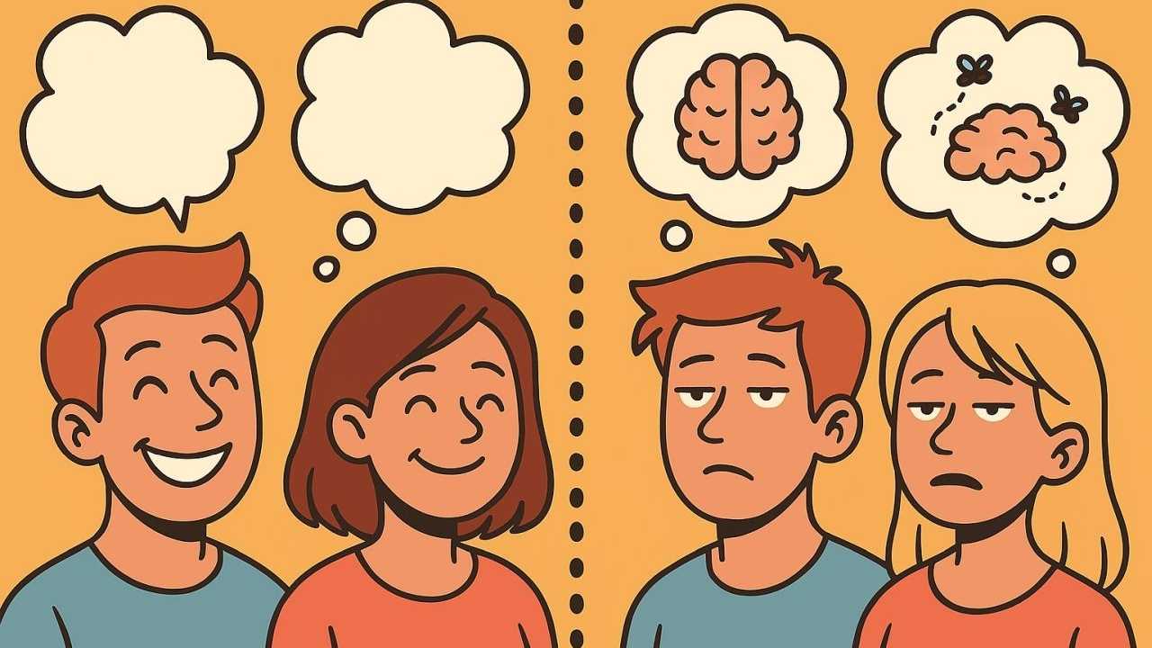 KI-generierte Illustration zeigt zwei gezeichnete lächelnde Figutren mit leeren Gedankenblasen und zwei Figuren mit nach unten gezogenen Mundwinkeln, die Gedankenblasen mit einem Hirn und Fliegen über einem undefinierten Haufen haben