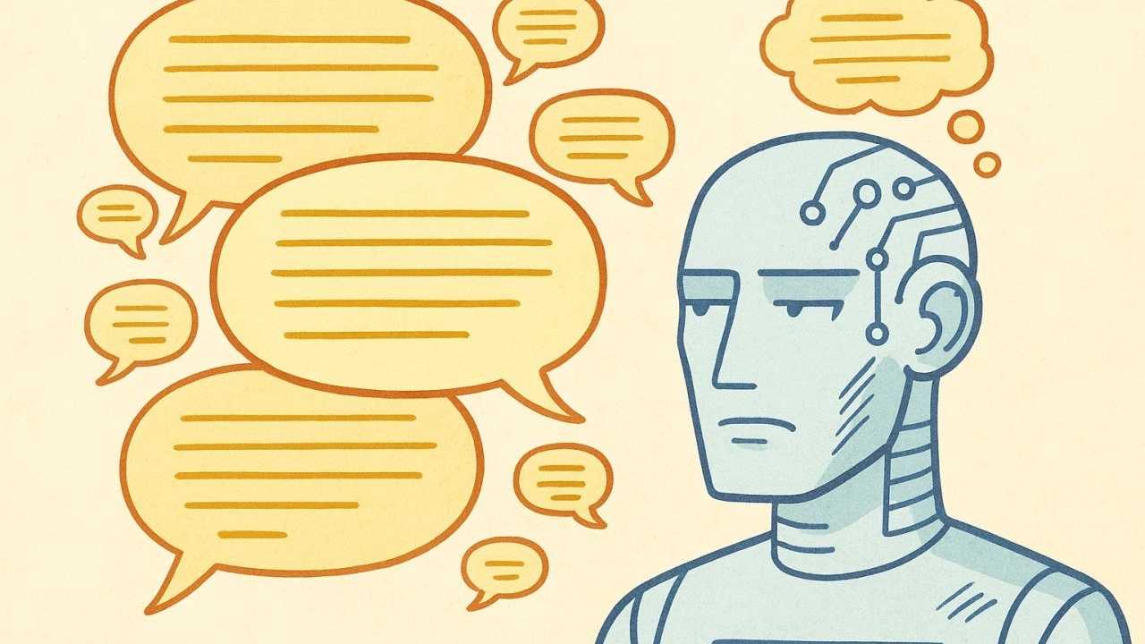 KI-generierte Grafik zeigt einen maschinellen Kopf, ähnlich dem eines Cyborgs, und Sprechblasen