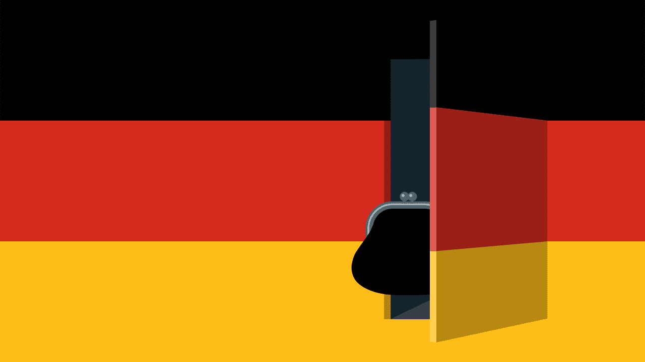 Geldbörse geht durch offene Tür in Deutschland-Flagge