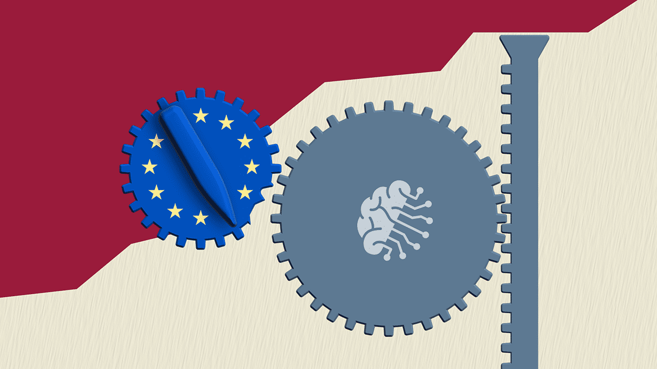 Zahnrad mit KI-Logo hebt über Zahnstange einen Graphen. EU-Zahnrad mit abgebrochenen Zähnen