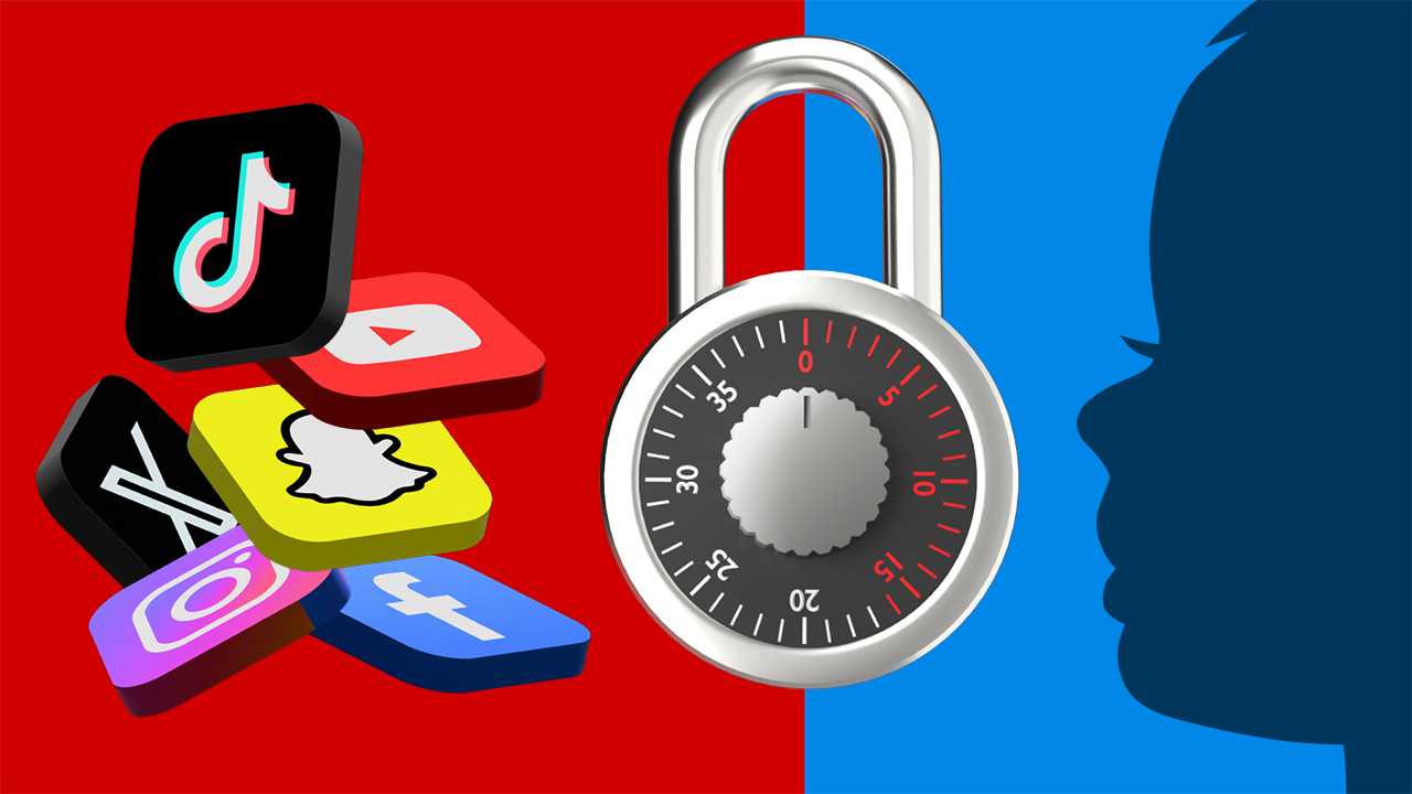 Social-Media-Apps durch Vorhängeschloss von Kinderjkopfsilhouette getrennt