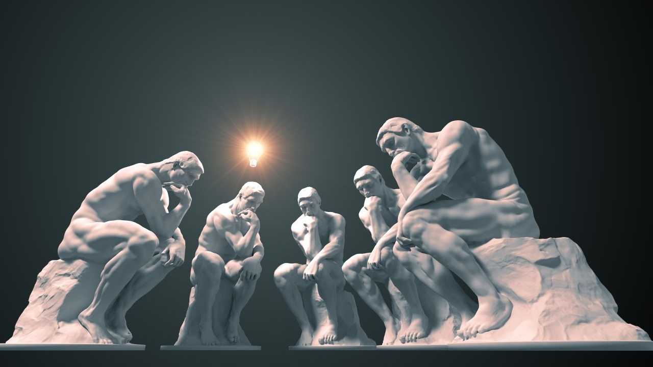 Grafik zeigt ein &quot;Denkerteam&quot; zusammengestellt aus der berühmten Skulptur &quot;Der Denke&quot; von Rodin. Über einer der Figuren leuchtet ein Licht.