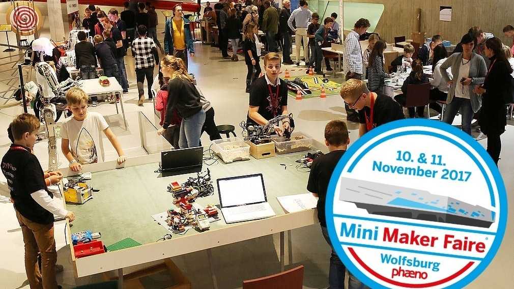 Kinder im Wissenschaftsmuseum Phaeno mit dem Button "10. & 11. November 2017: Mini Maker Faire Wolfsburg phaeno"