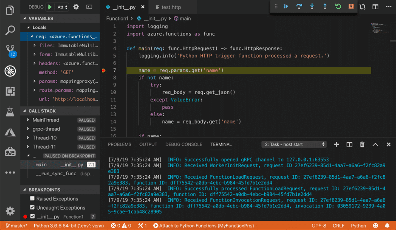 Integrierte Entwicklungsumgebung: Python für Azure Functions in VS Code.