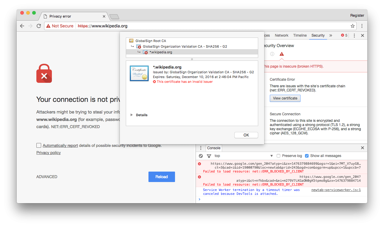 GlobalSign hat versehentlich Zertifikate von Webseiten wie Wikipedia kaputt gemacht. Auch wenn das Zertifikat im Screenshot noch bis zum 12. Dezember 2016 gültig ist, vertraut der Webbrowser diesem nicht mehr.