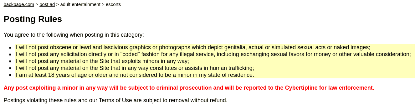 "Posting Rules" für die Escort-Rubrik