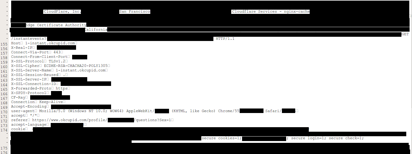 Von Ormandy per Cloudbleed ausgelesene Daten eines Profils der Datingseite OkCupid.