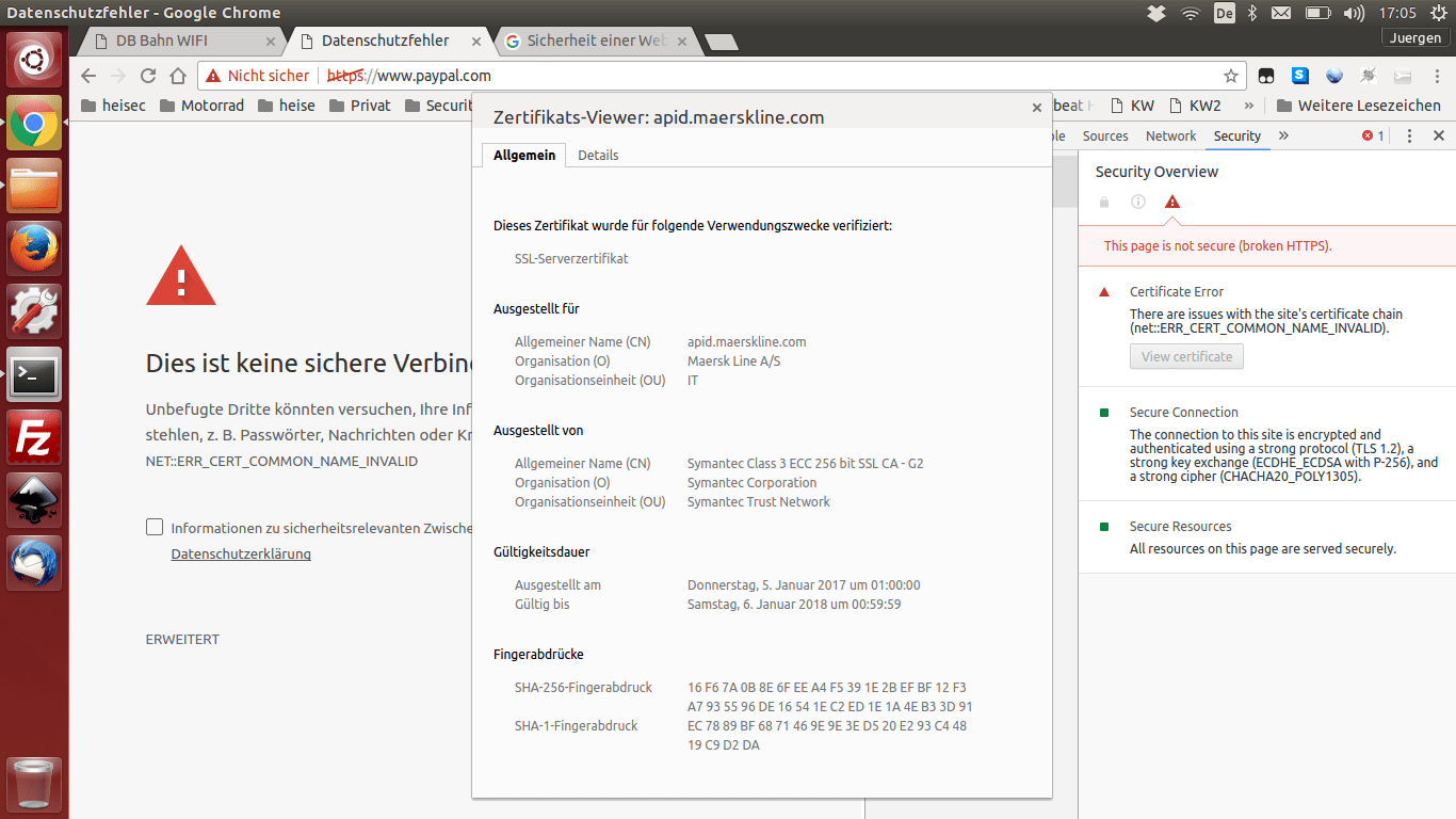 Wie das Zertifikat von Maersk Line in die HTTPS-Verbindung zu PayPal kommt, ist ein Rätsel. Das Phänomen trat nur im WIFIonICE auf.