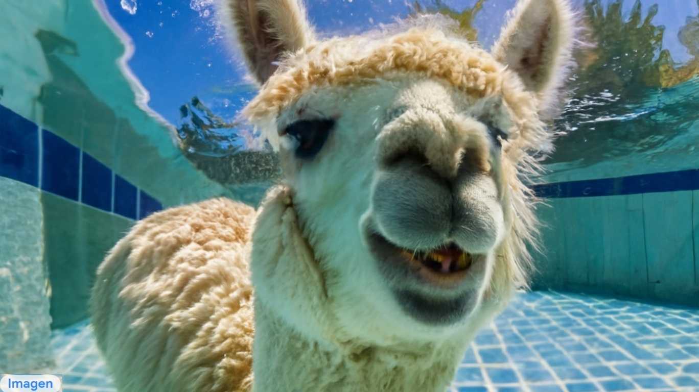 "An Alpaca is smiling and under water in a swimming pool." #imagen by Zoubin Ghahramani @ZoubinGhahrama1