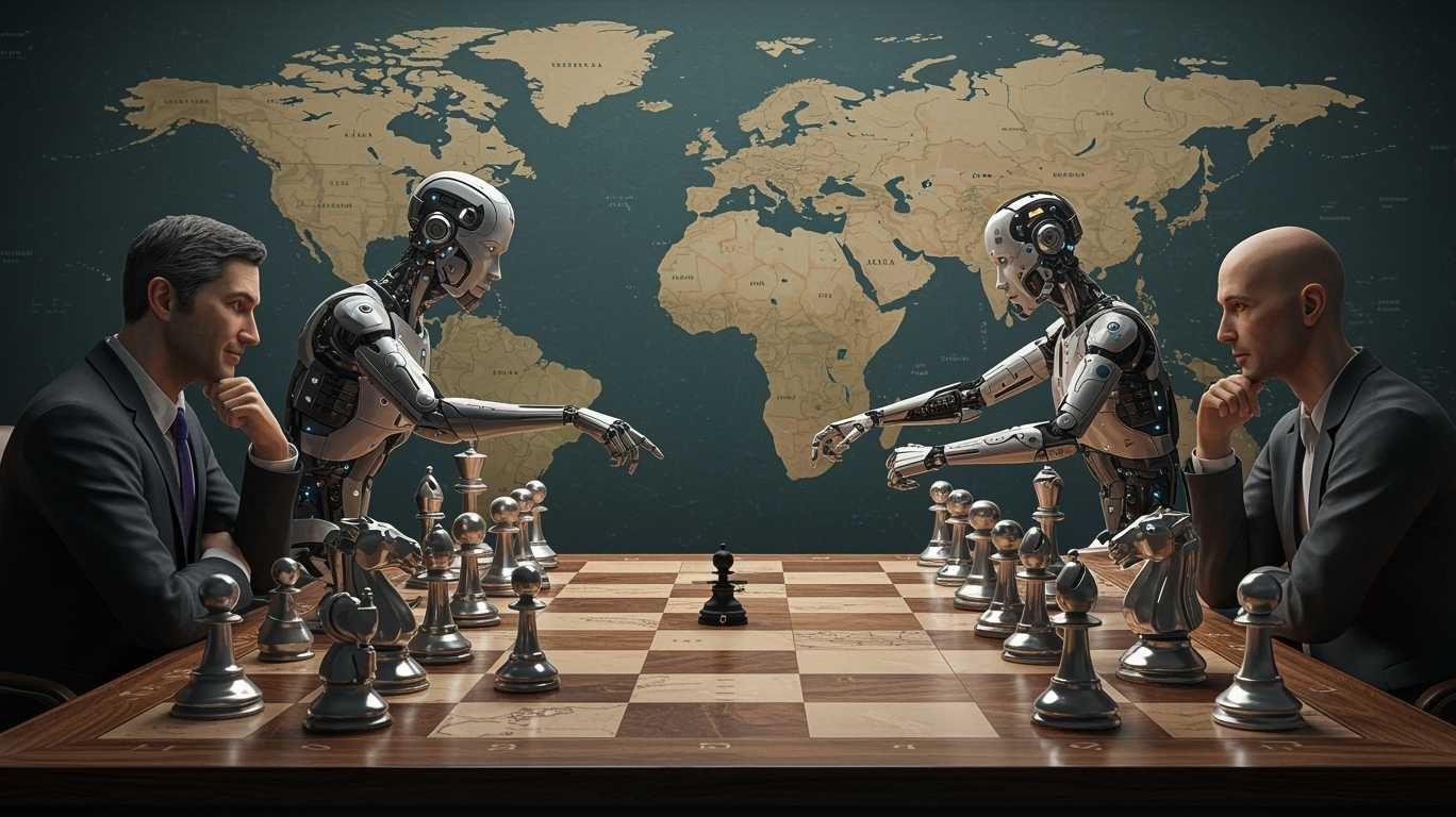 Ein aus Cyborgs und Menschen gemischtes Doppel spielt Schach vor einer Weltkarte