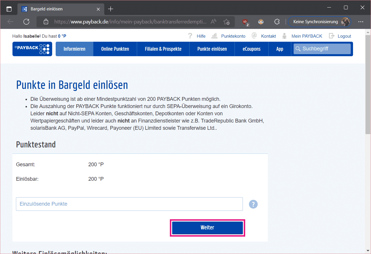 PaybackPunkte auf Konto überweisen so wird