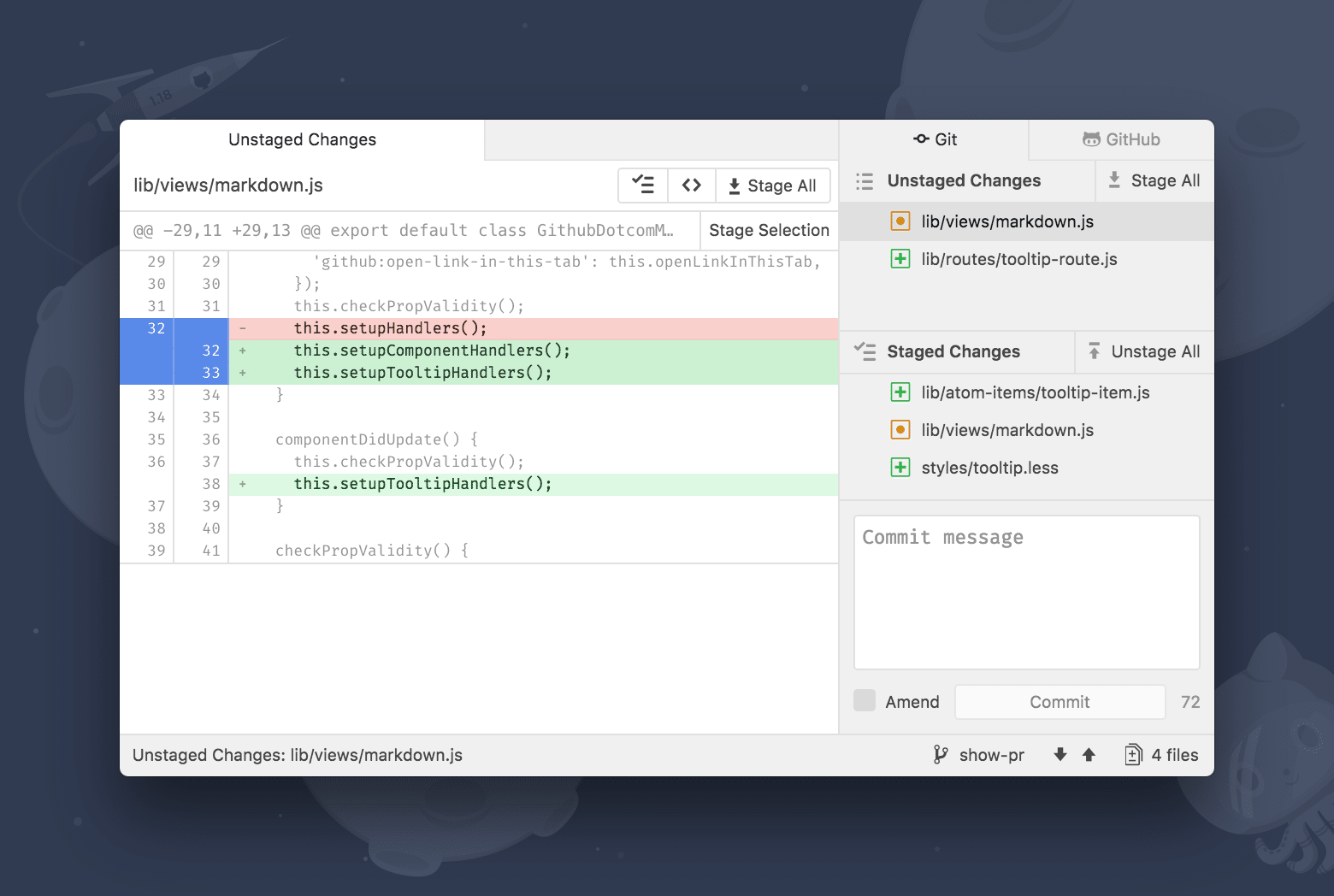 Eine eigene Pane ermöglicht den Zugriff auf diverse Git-Funktionen direkt aus Atom heraus.