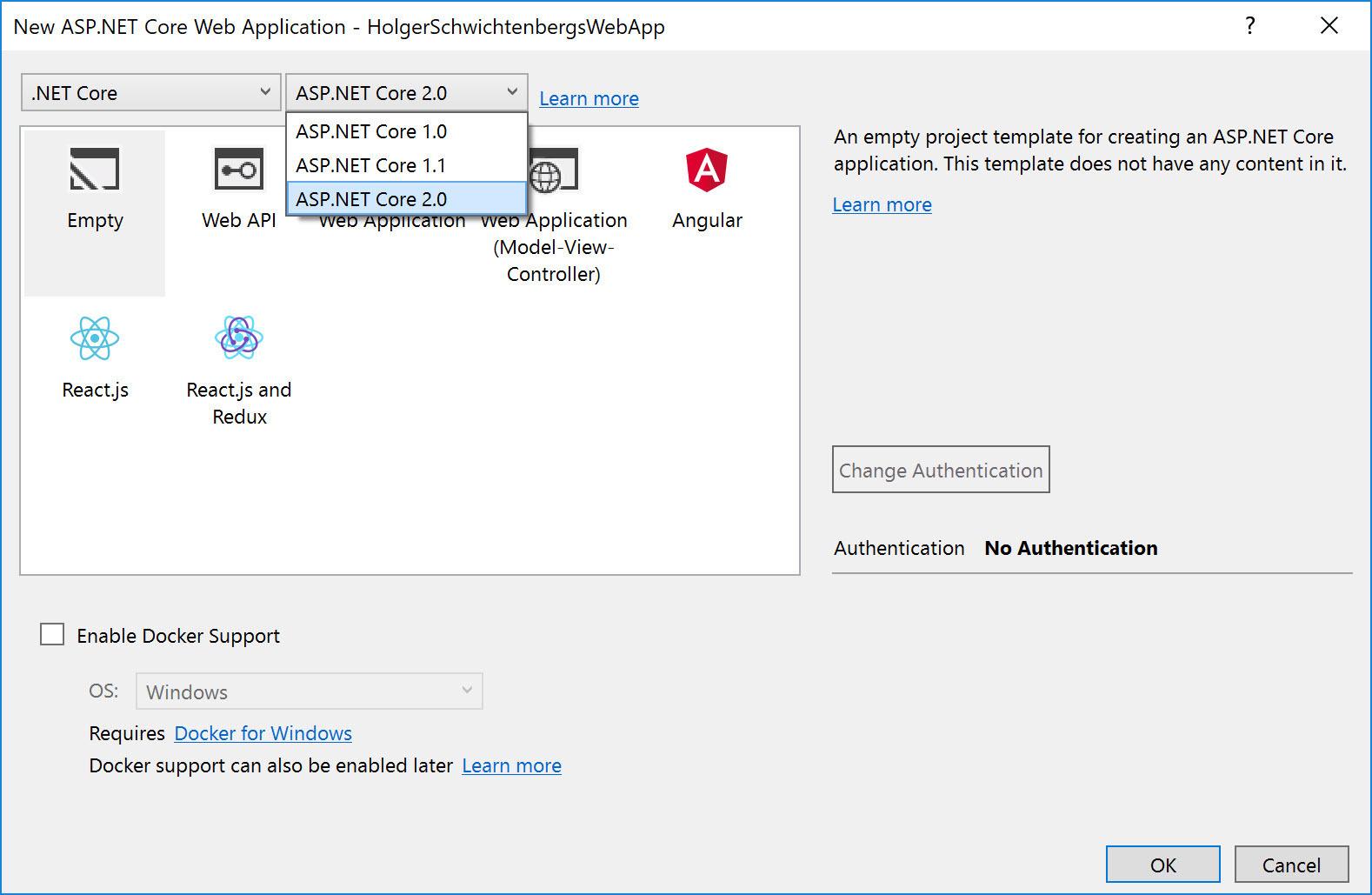Mehr Auswahl beim Anlegen neuer ASP.NET Core-Webprojekte in Visual Studio 2017 Update 3 (Abb. 3)