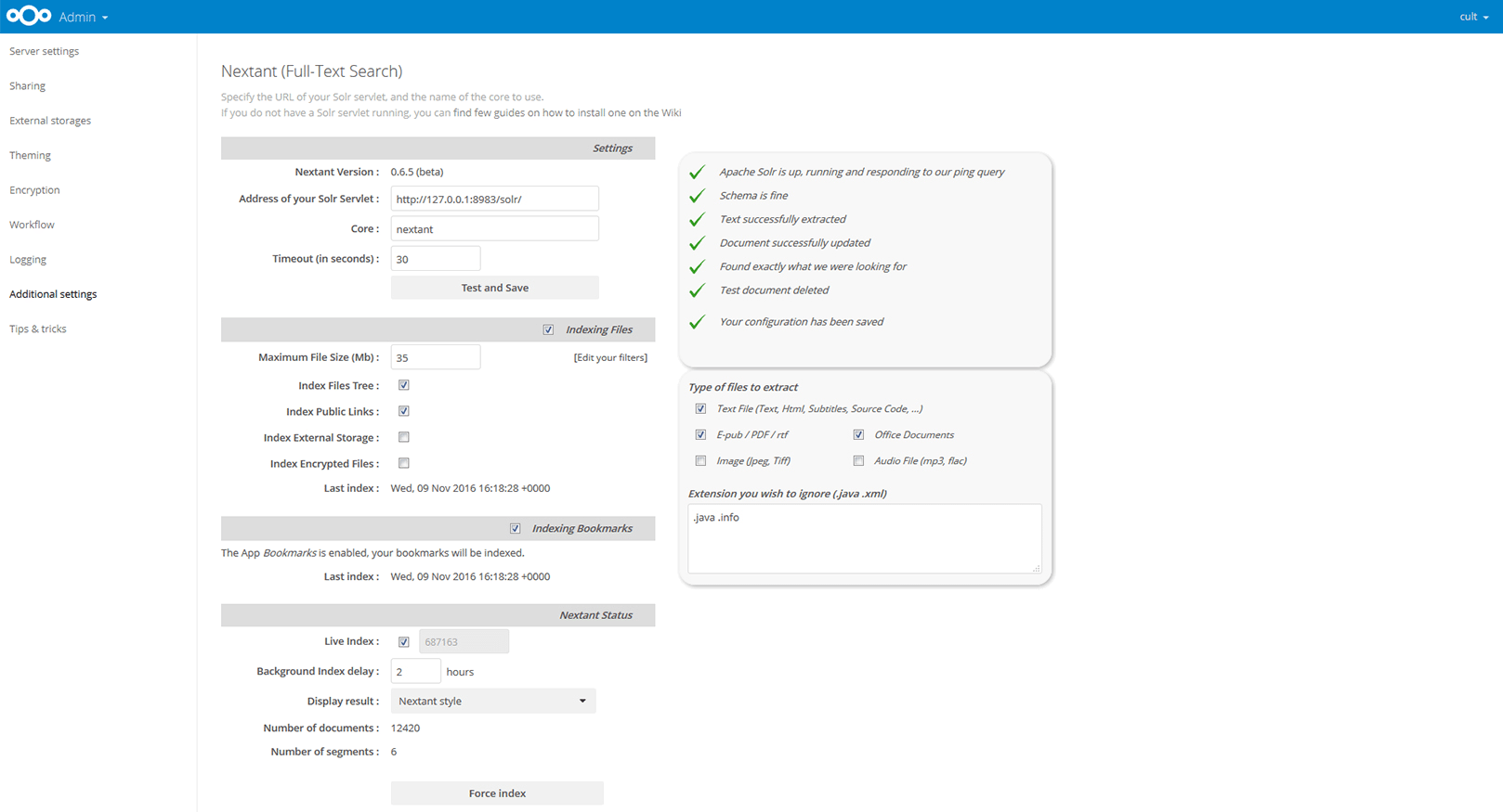 Nextcloud 11 mit Volltextsuche