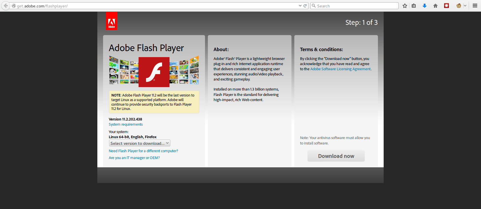 Auf get.adobe.com/flashplayer wird Linux-Nutzern eine unsichere Version als aktuell präsentiert.