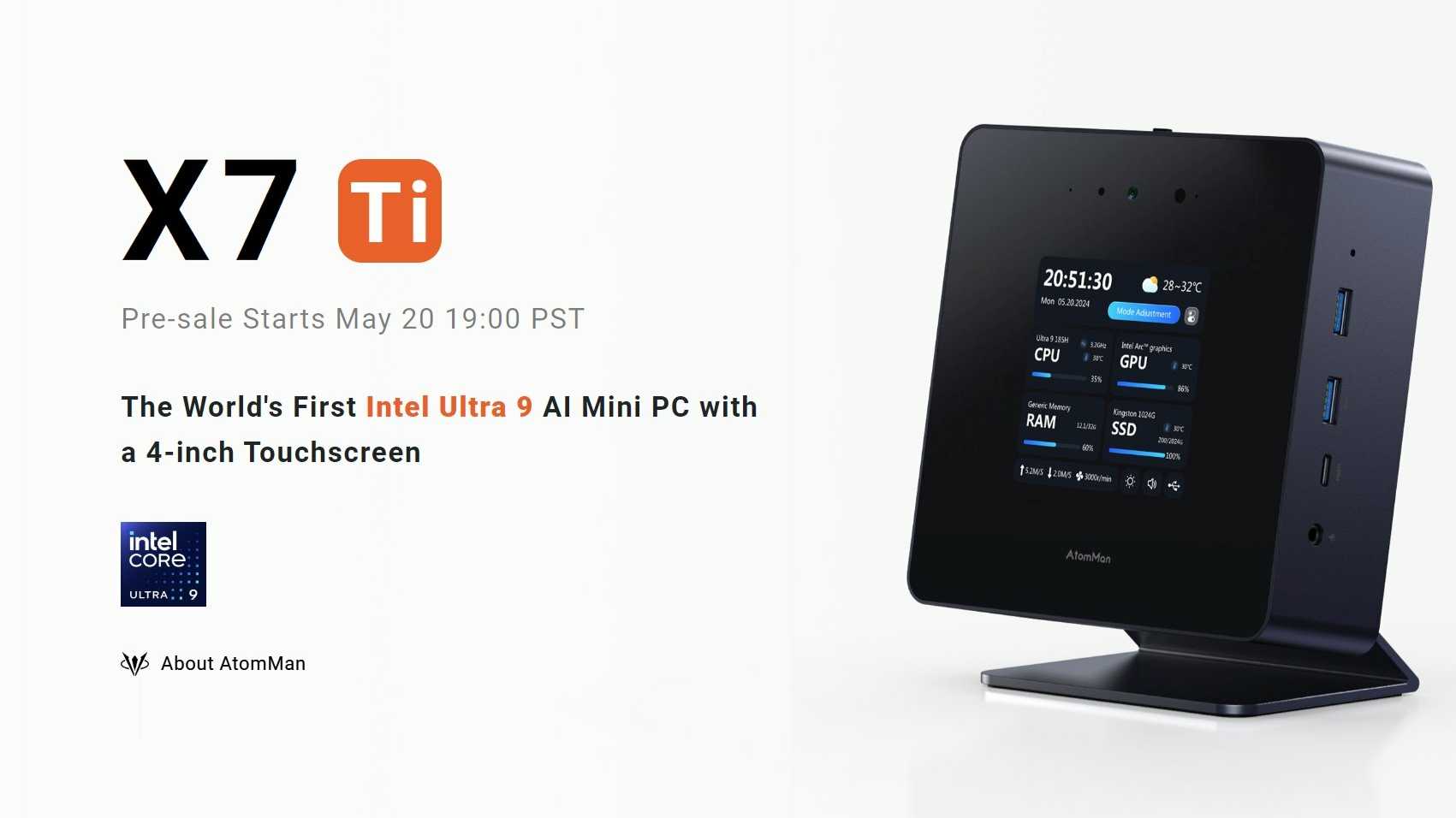 Mini-PC Minisforum AtomMan X7 Ti mit Intel Core Ultra, Display, Webcam und OCuLink-Buchse.​