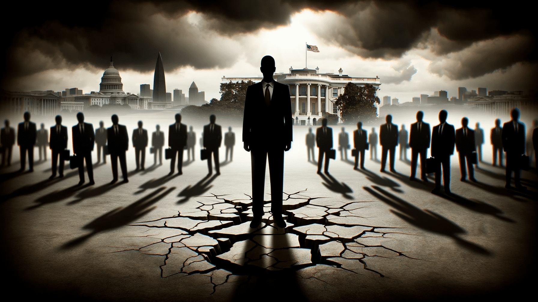 US-Präsident auf rissigem Boden vor dem Weißen Haus – Symbol für politische Instabilität