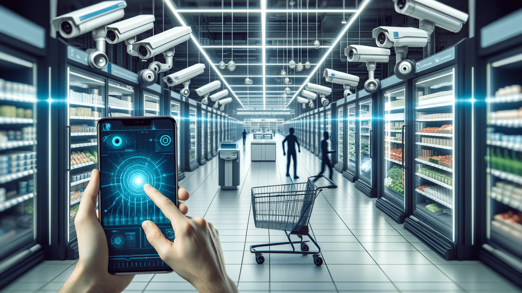 Futuristischer Supermarkt mit KI-Technologie und Datenschutzbedenken